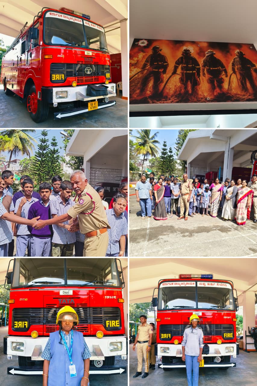 Students and staff visiting a fire station during a safety awareness outing